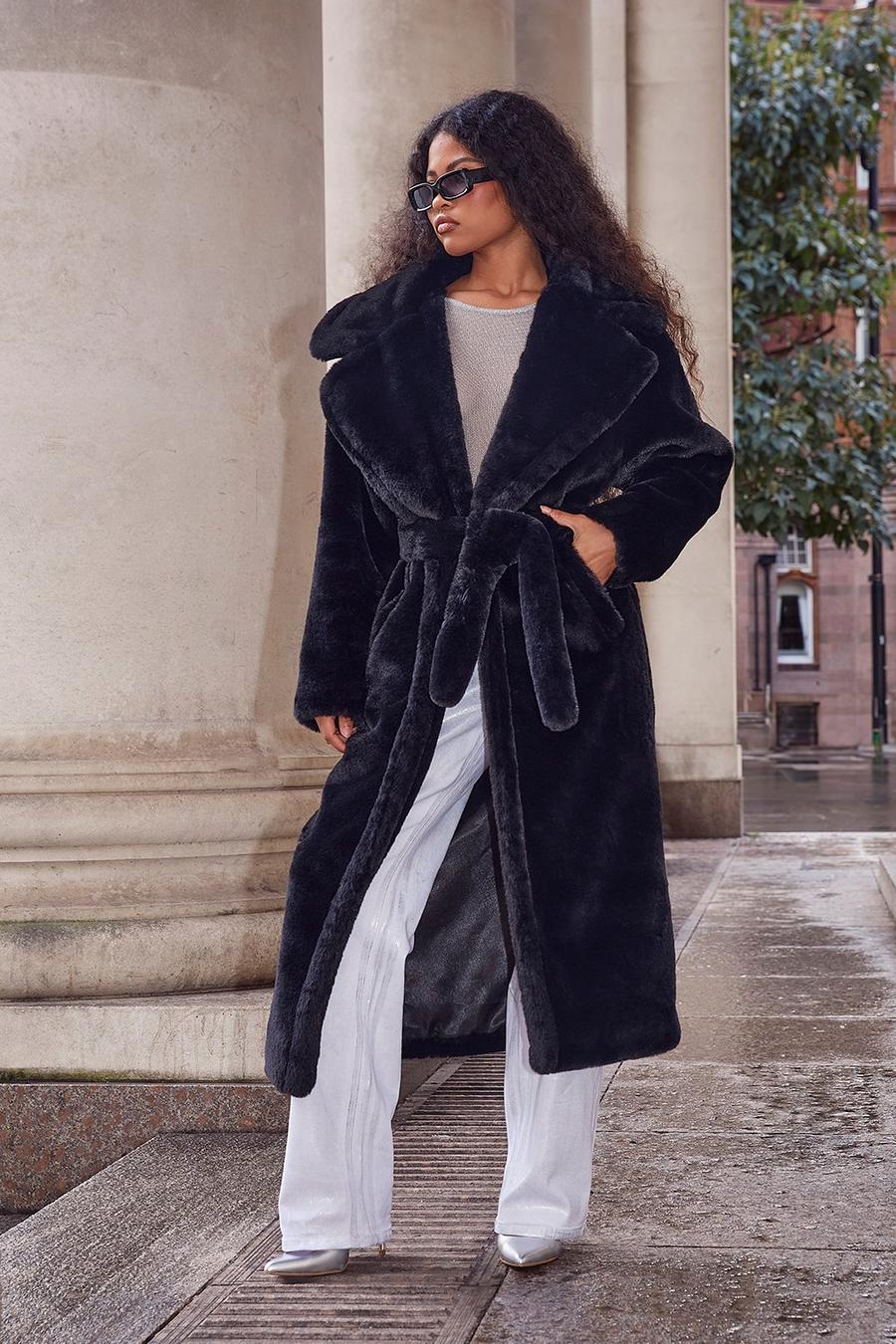 Glamorous belted faux fur coat