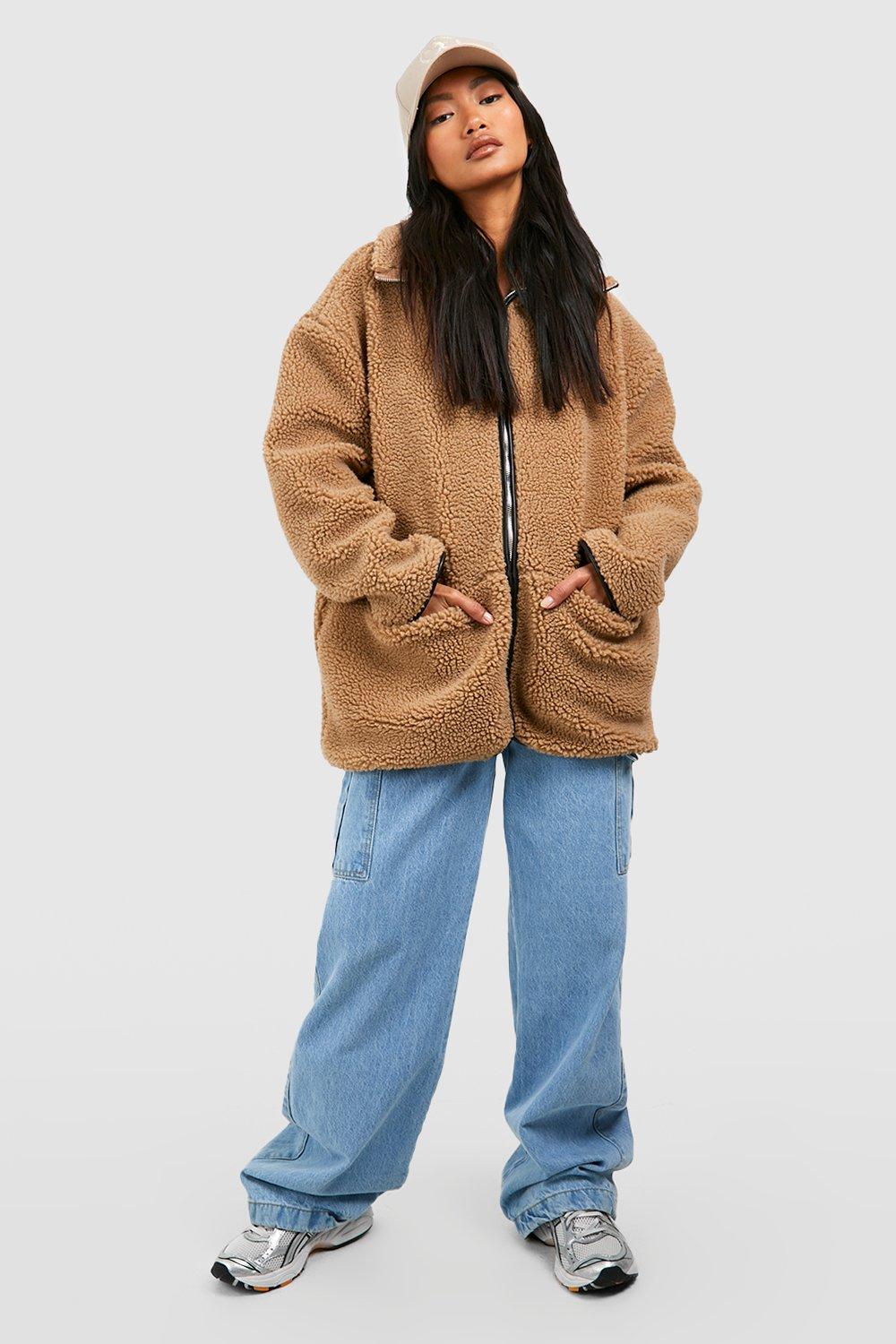 Contrast hood on sale plush teddy coat