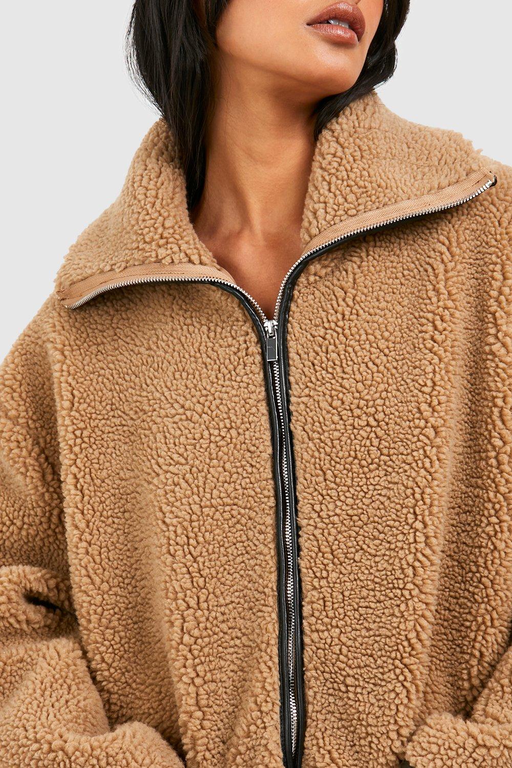 Contrast Detail Funnel Neck Teddy Jacket