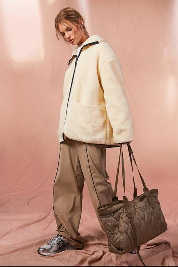 Cream White Contrast Detail Funnel Neck Teddy Jacket