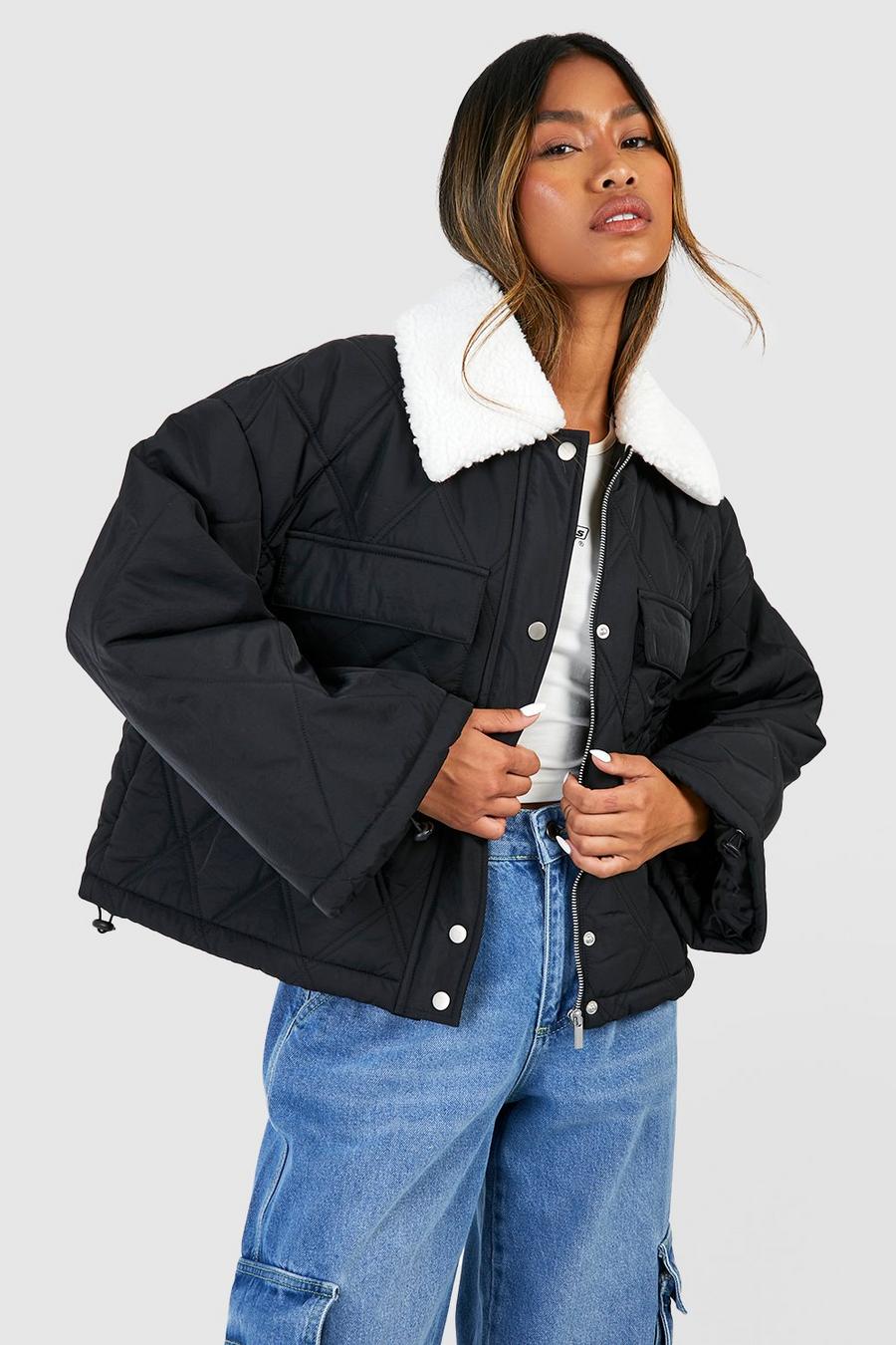 Black Teddy Collar Quilted Puffer Jacket  image number 1