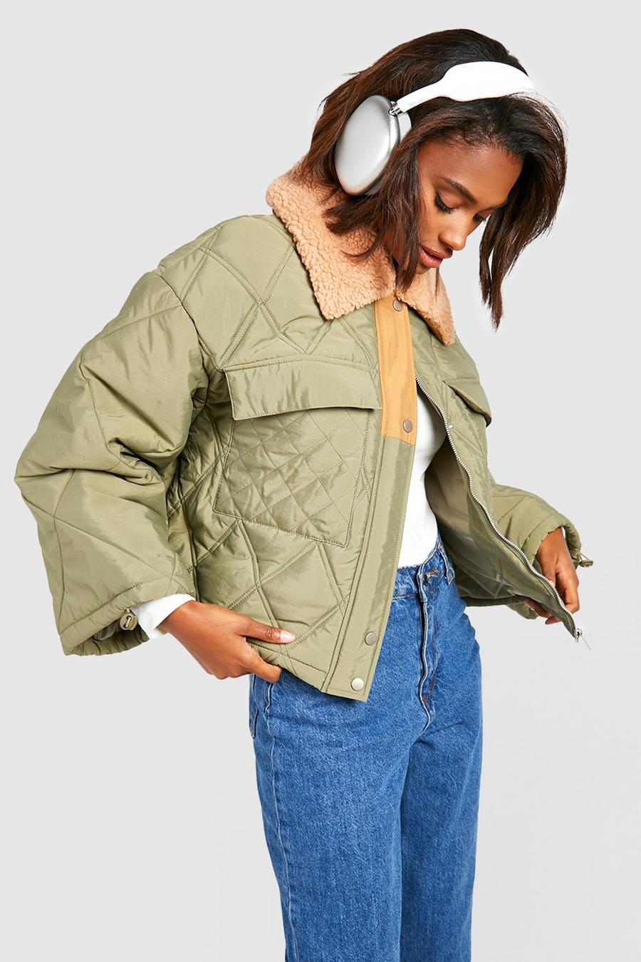 Khaki Teddy Collar Quilted Puffer Jacket  image number 1