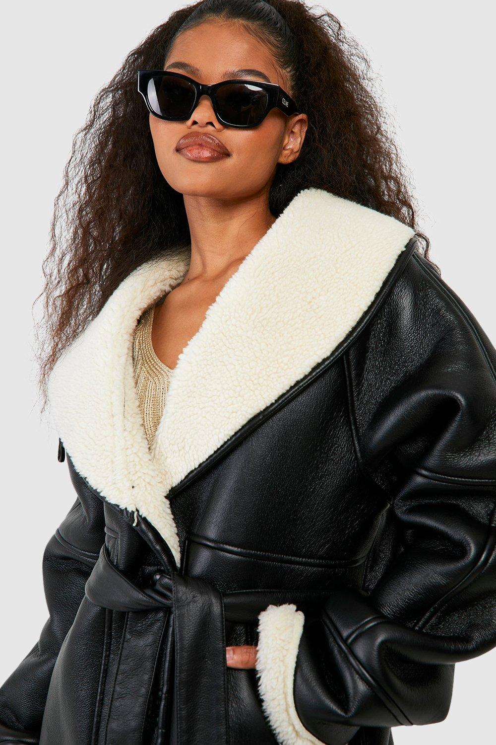 Women s Faux Leather Belted Aviator Jacket Boohoo UK