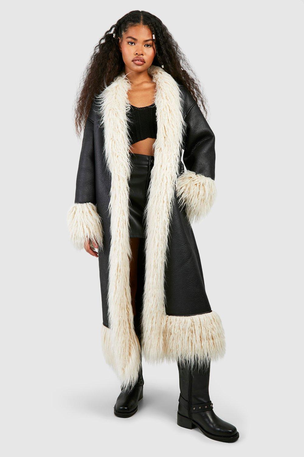 Fashion Women Middle Length Warm Coat Faux Fur Coat PU leather