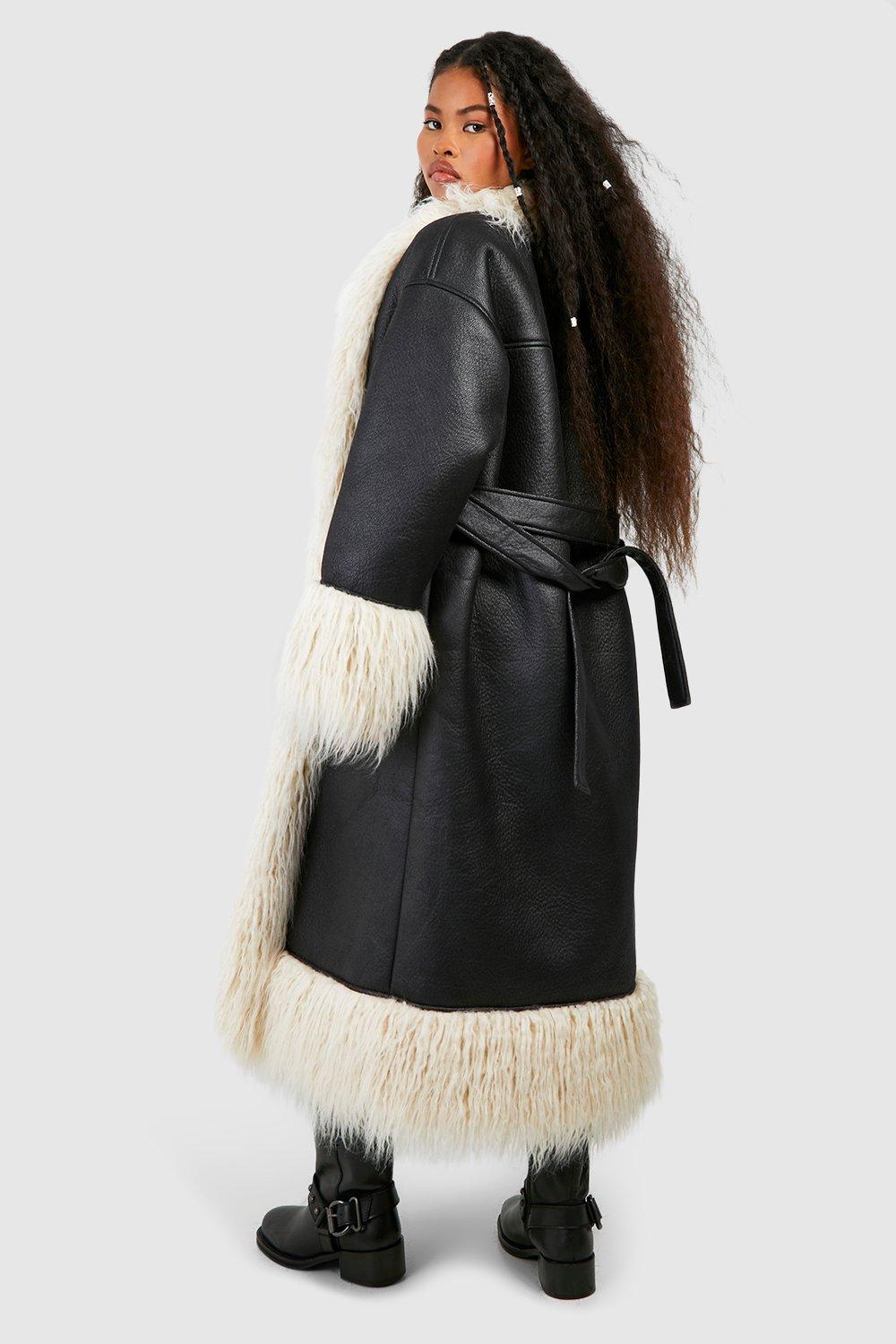 Faux Fur Trim Midi Leather Jacket