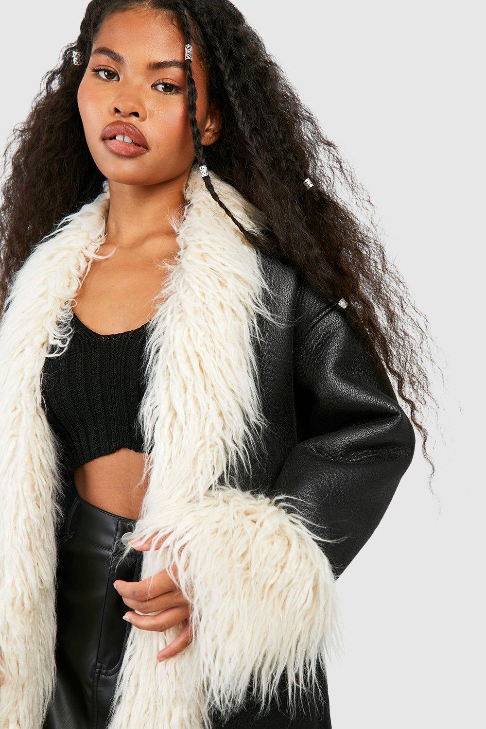 Faux leather jacket shop with fur trim