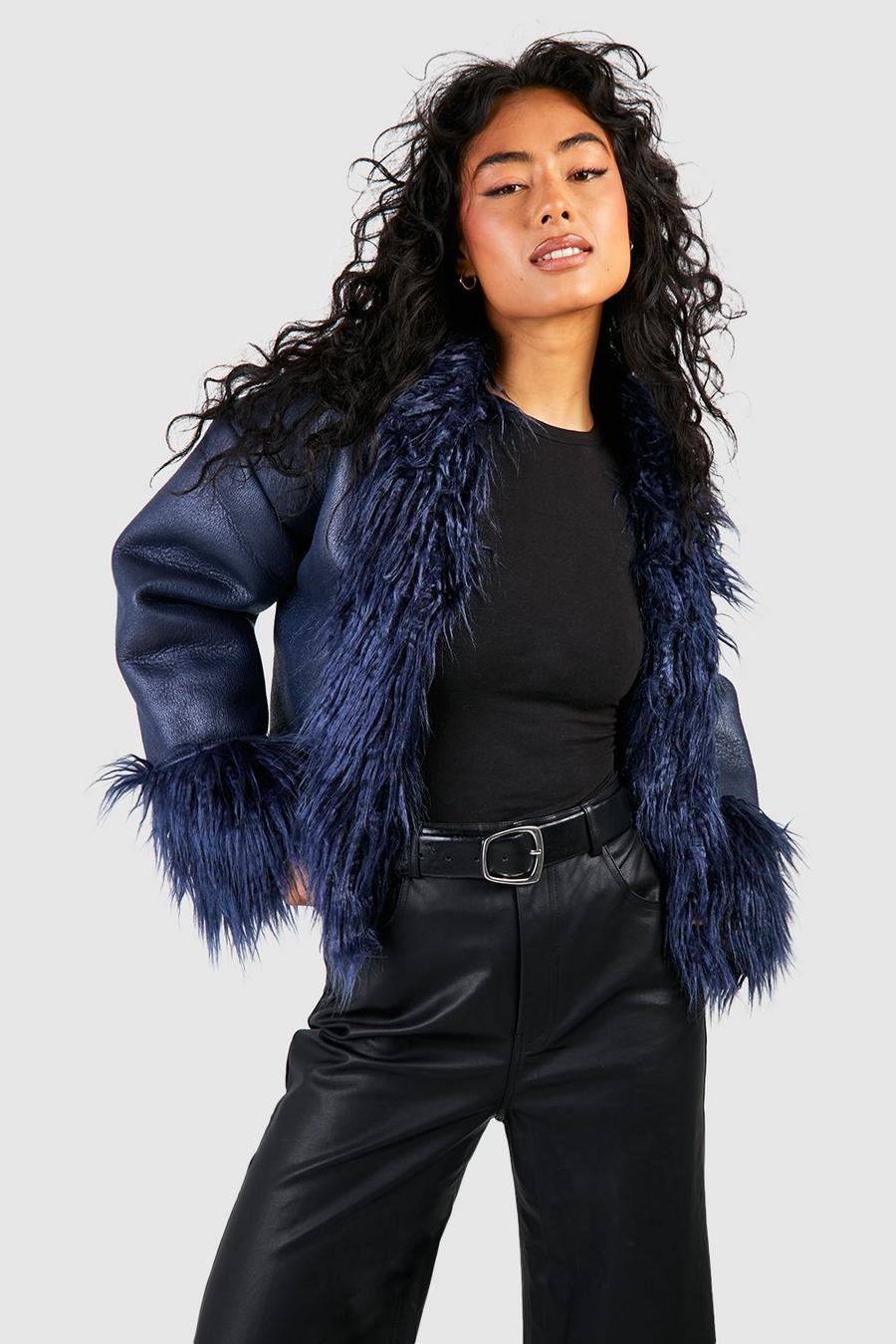 Navy marinblå Faux Fur Trim Leather Jacket