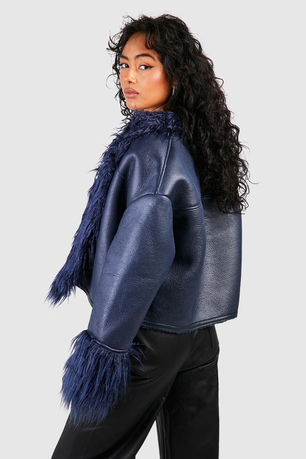 Faux Fur Trim Midi Leather Jacket