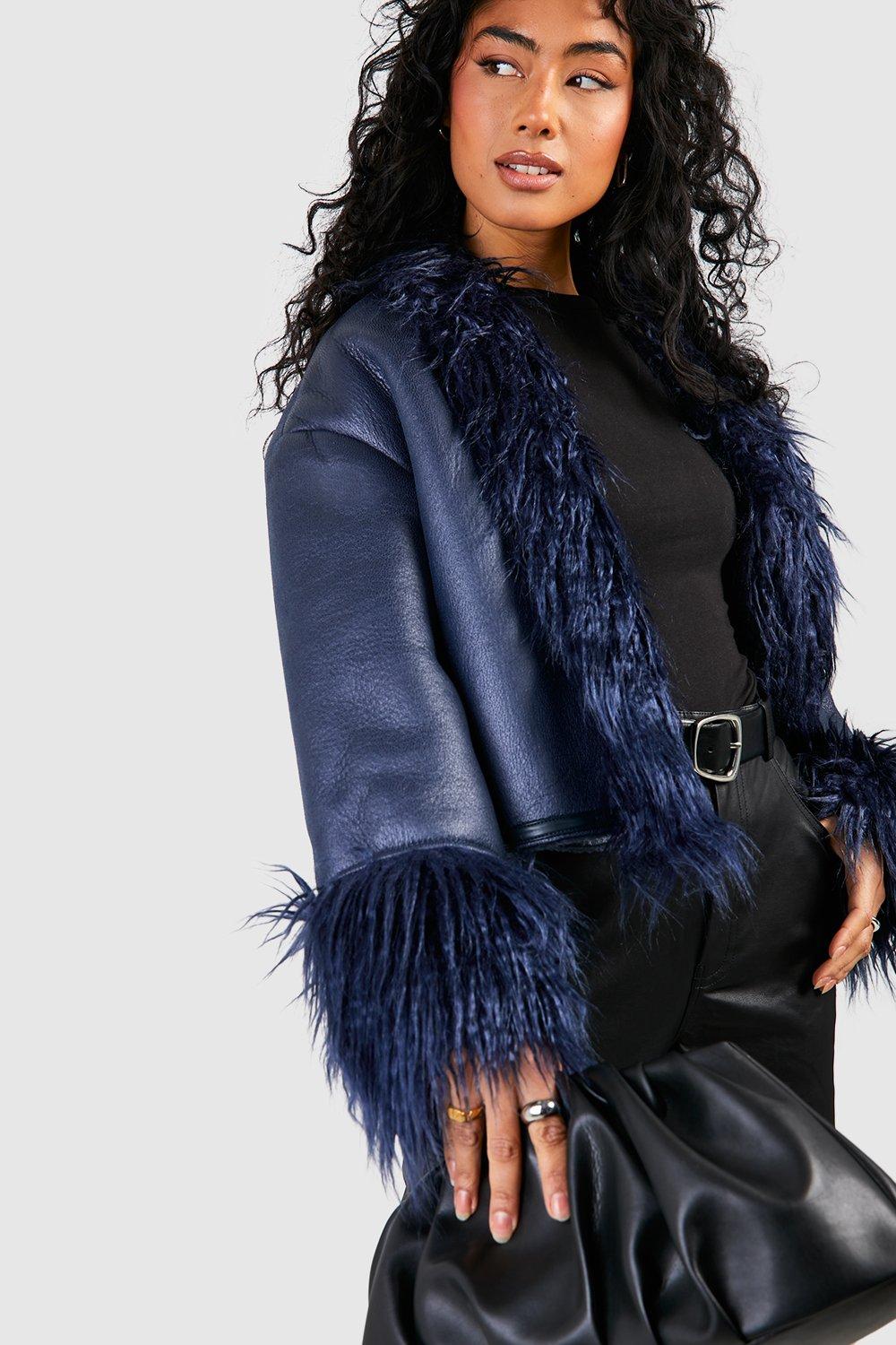 Navy blue faux fur clearance coat