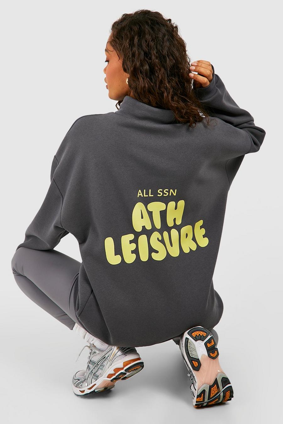 Athleisure Slogan Oversized Half Zip Sweatshirt, Charcoal gris