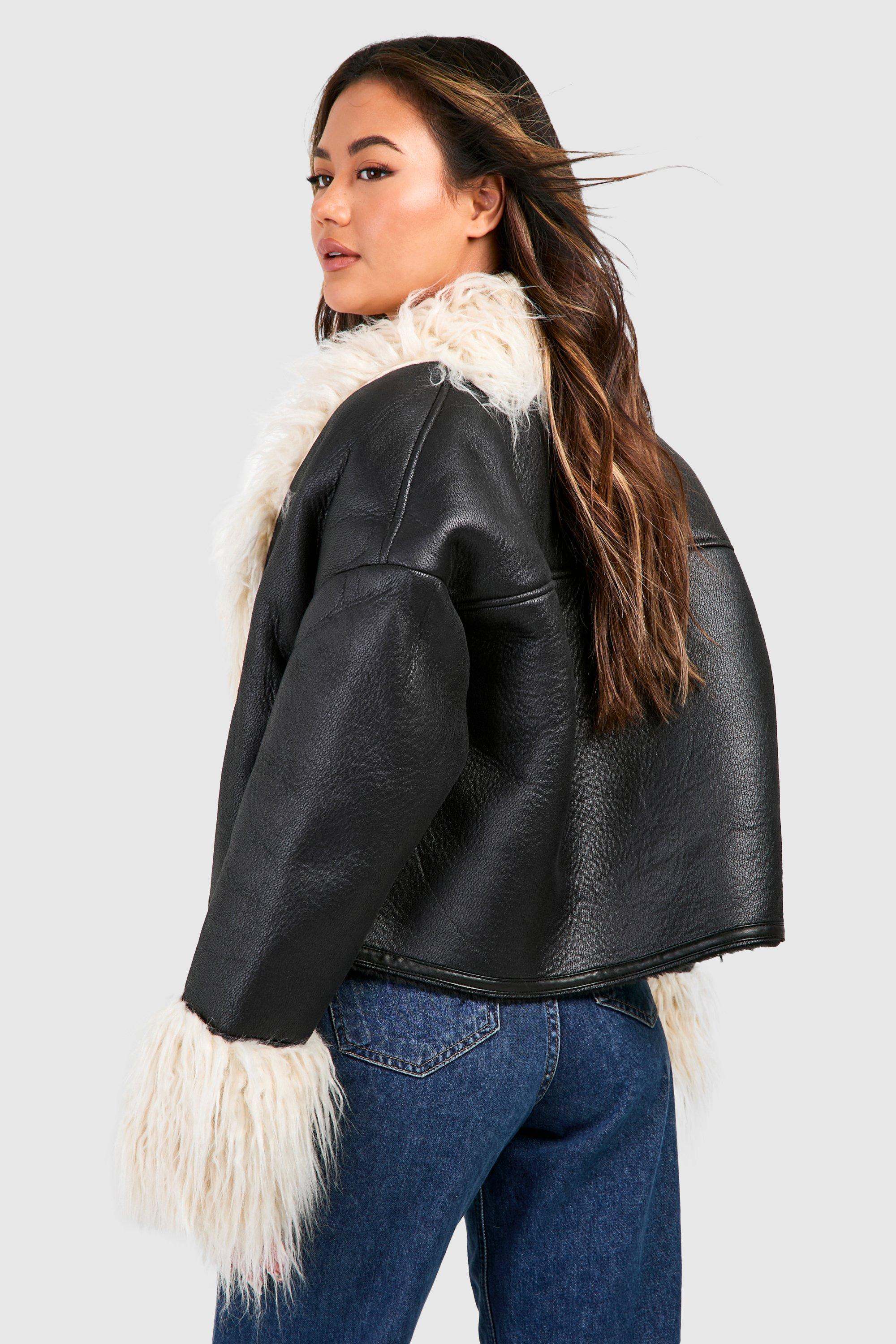 FAUX SHEARLING TRIM LEATHER JACKET - Black