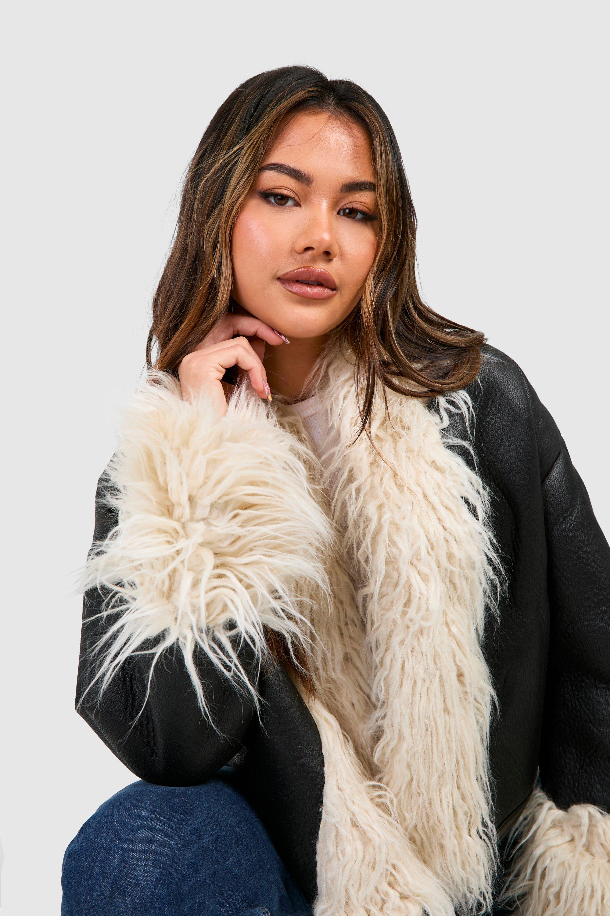 Faux Leather Jacket With Faux Fur Trim Short