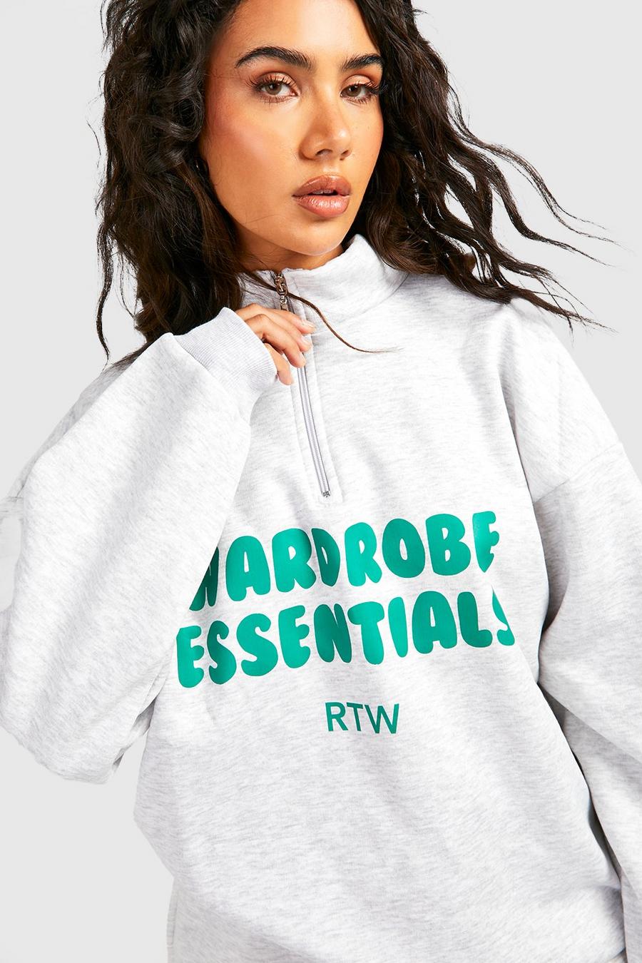 Ash grey Wardrobe Essentials Slogan Oversized Half Zip Sweatshirt 