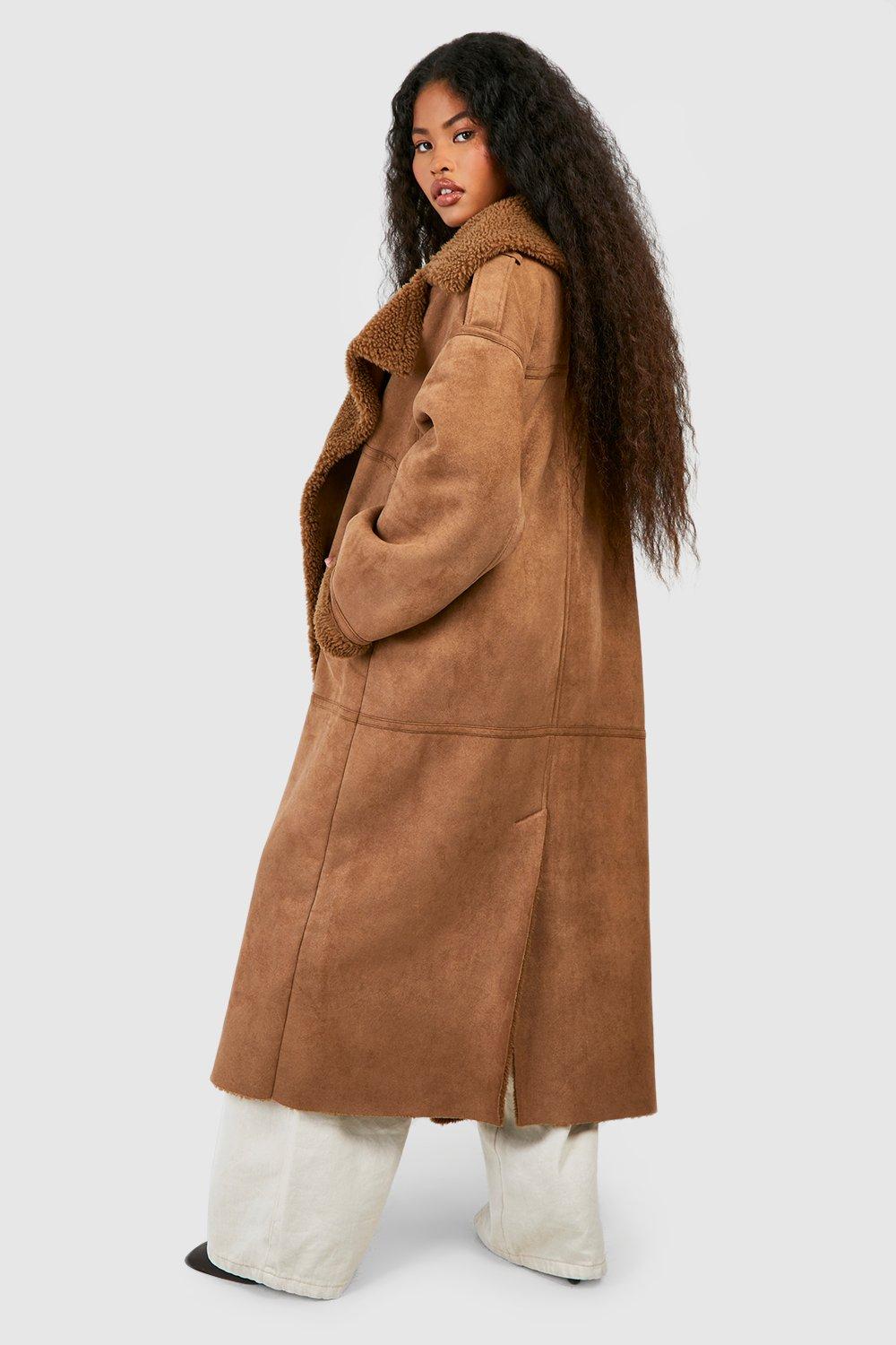 Women's Faux Suede Borg Trim Maxi Aviator Coat