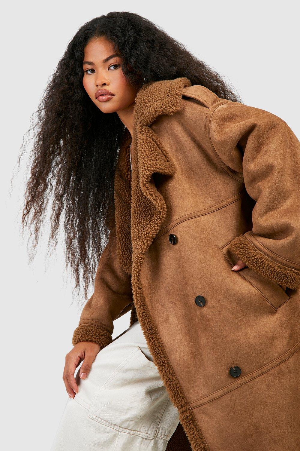 boohoo Faux Fur Trim Suede Look Coat - Brown - Size 12