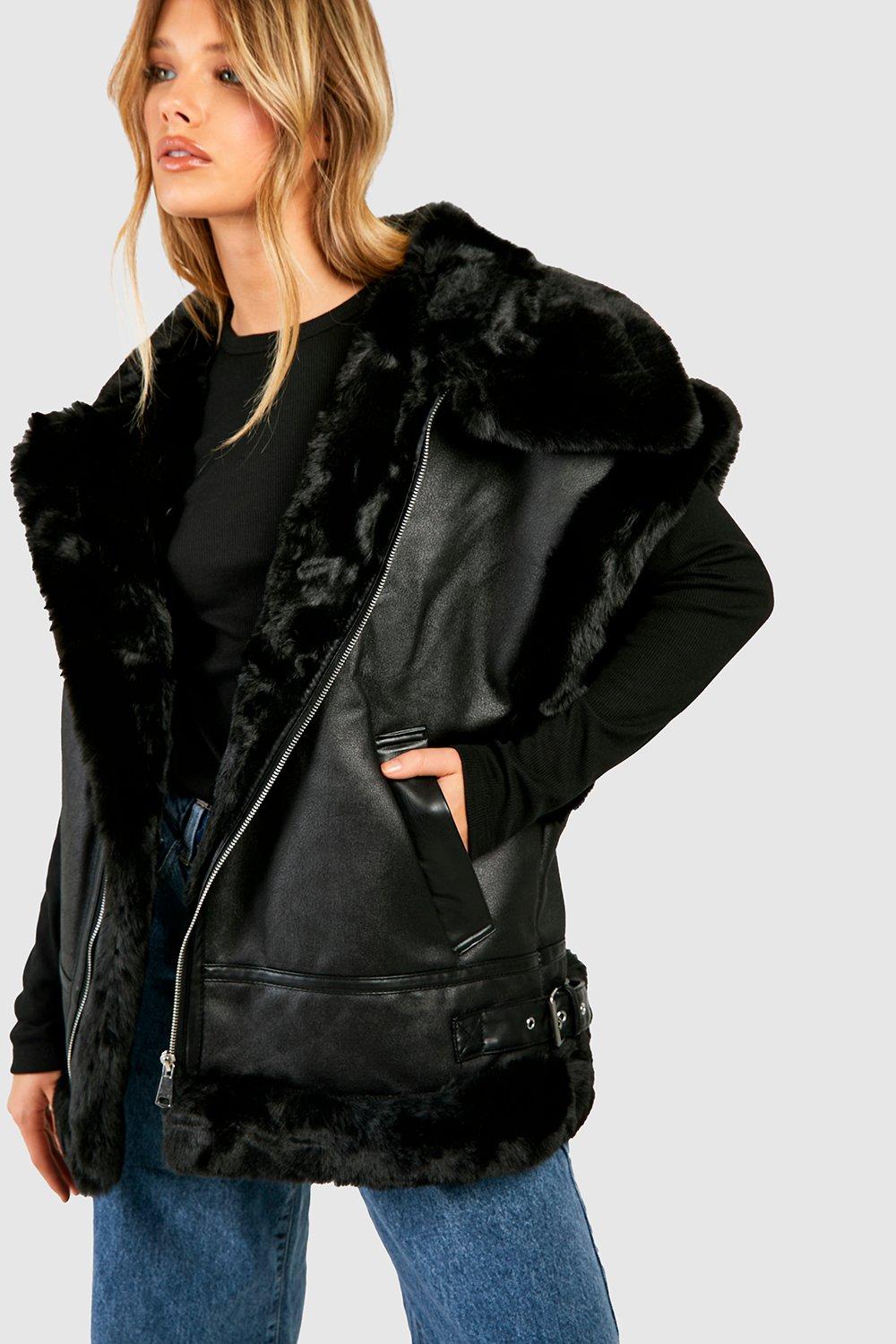 Black faux fur sleeve oversized sales aviator jacket