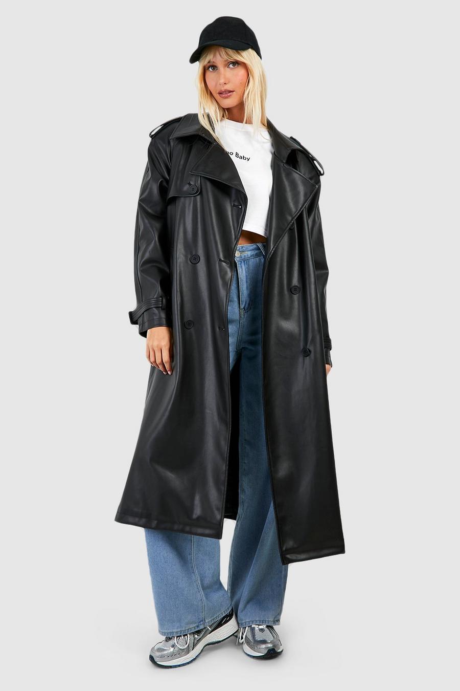 Cappotto Trench maxi in pelle sintetica, Black image number 1