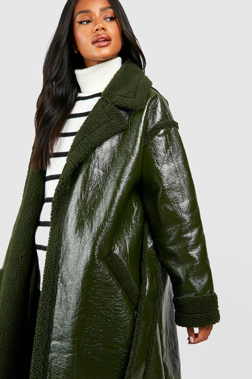 Faux Fur Trim Midi Leather Jacket