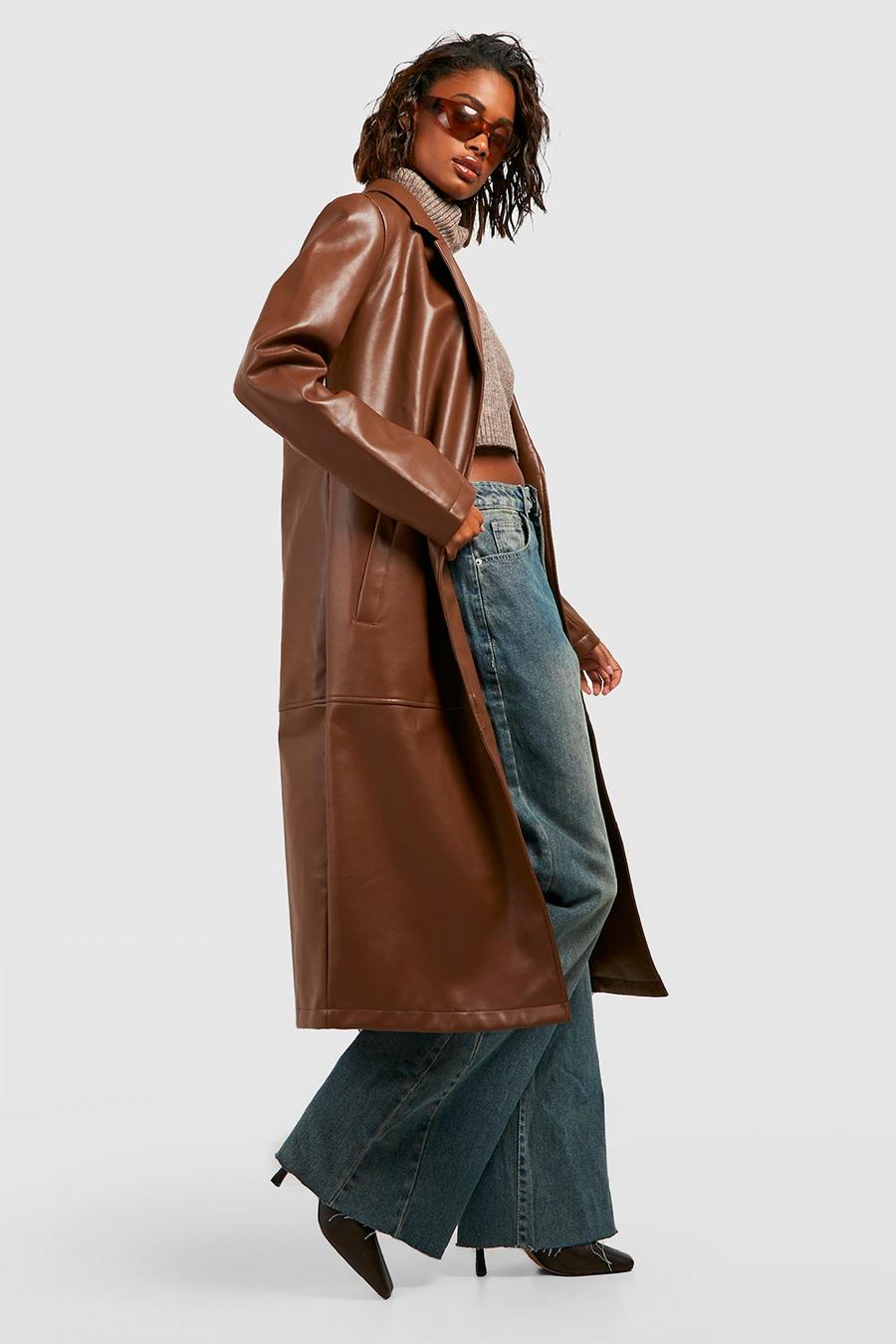Chocolate brown Faux Leather Longline Jacket