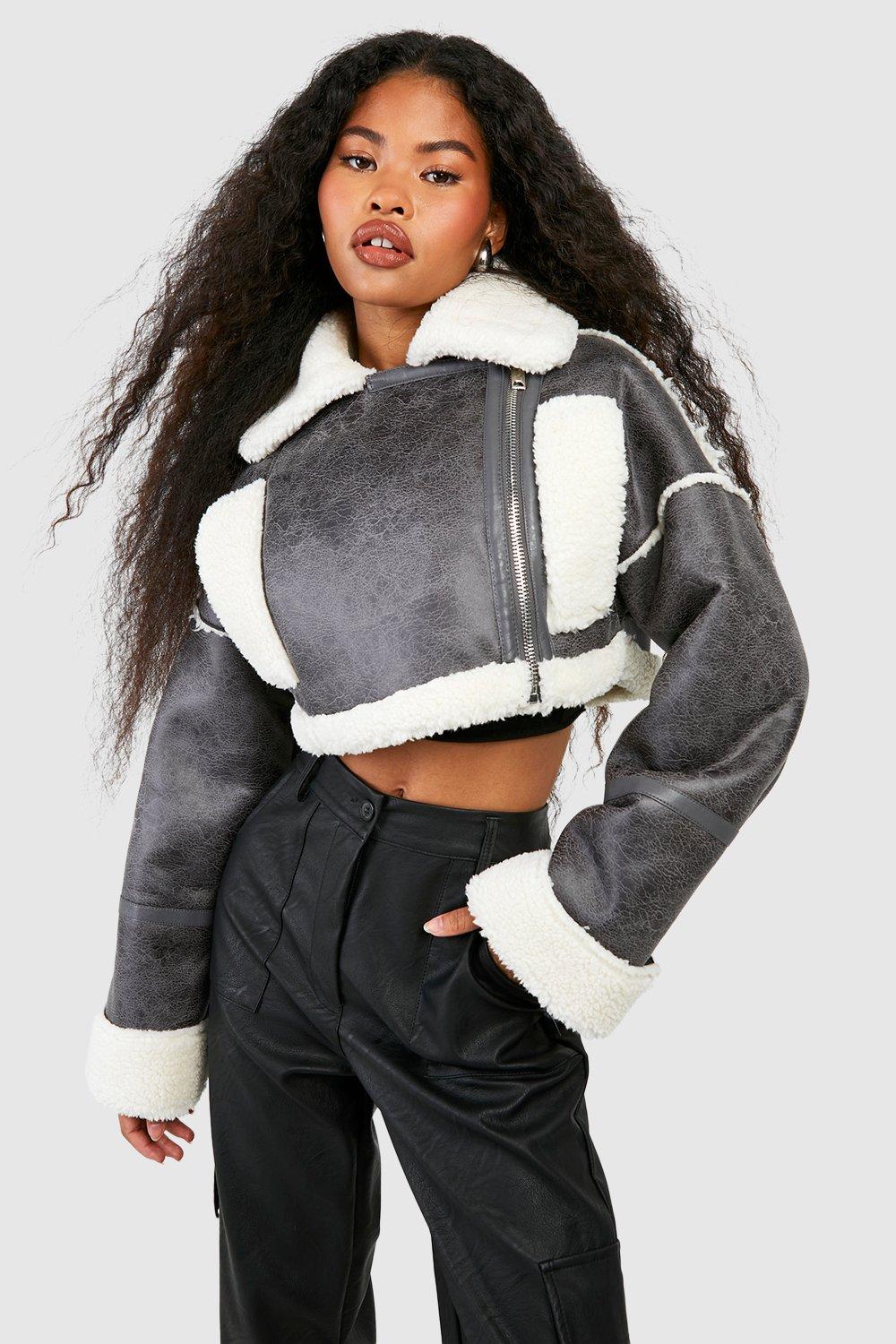 Grey cropped teddy jacket sale