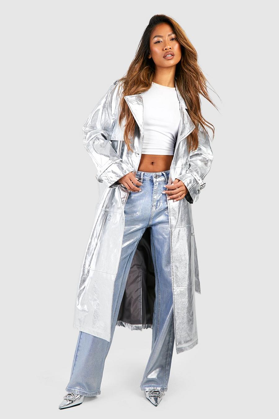 Silver argent Metallic Double Breast Faux Leather Maxi Trench Coat