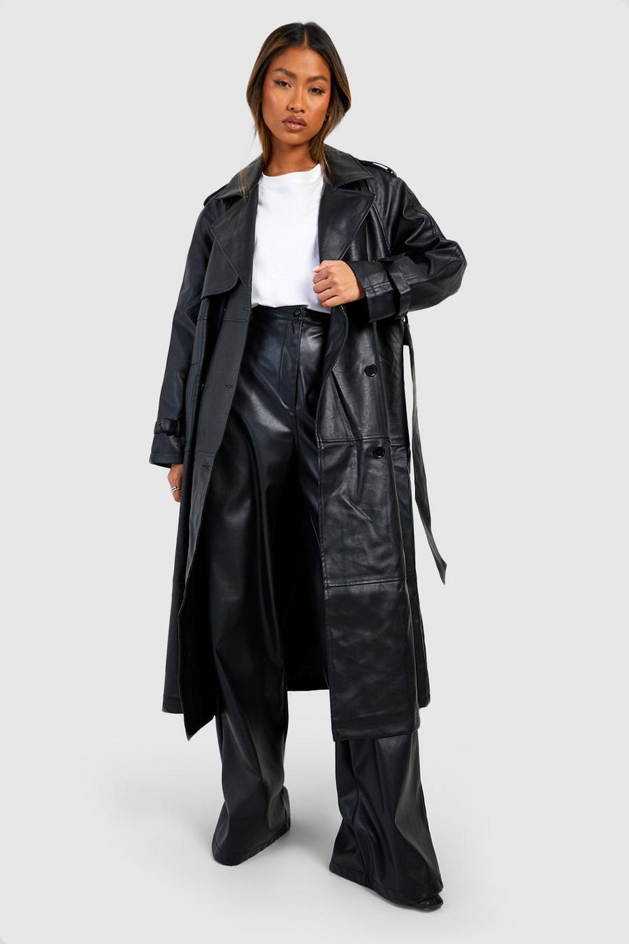 Zweireihiger Kunstleder Maxi-Trenchcoat, Black noir