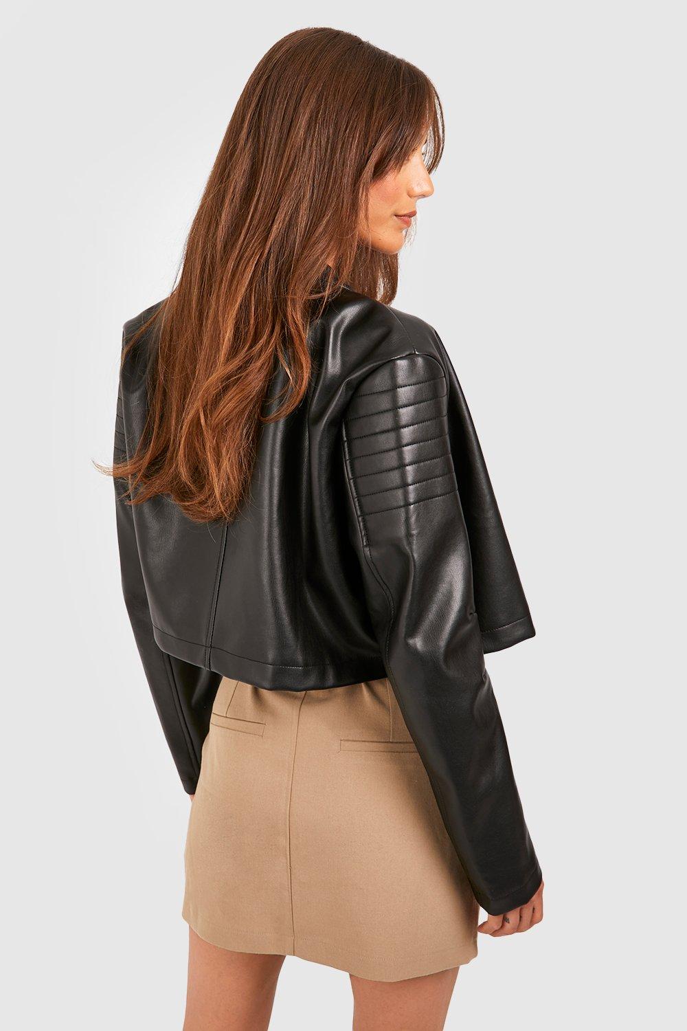 FAUX LEATHER CROPPED QUILTED JACKET - Black