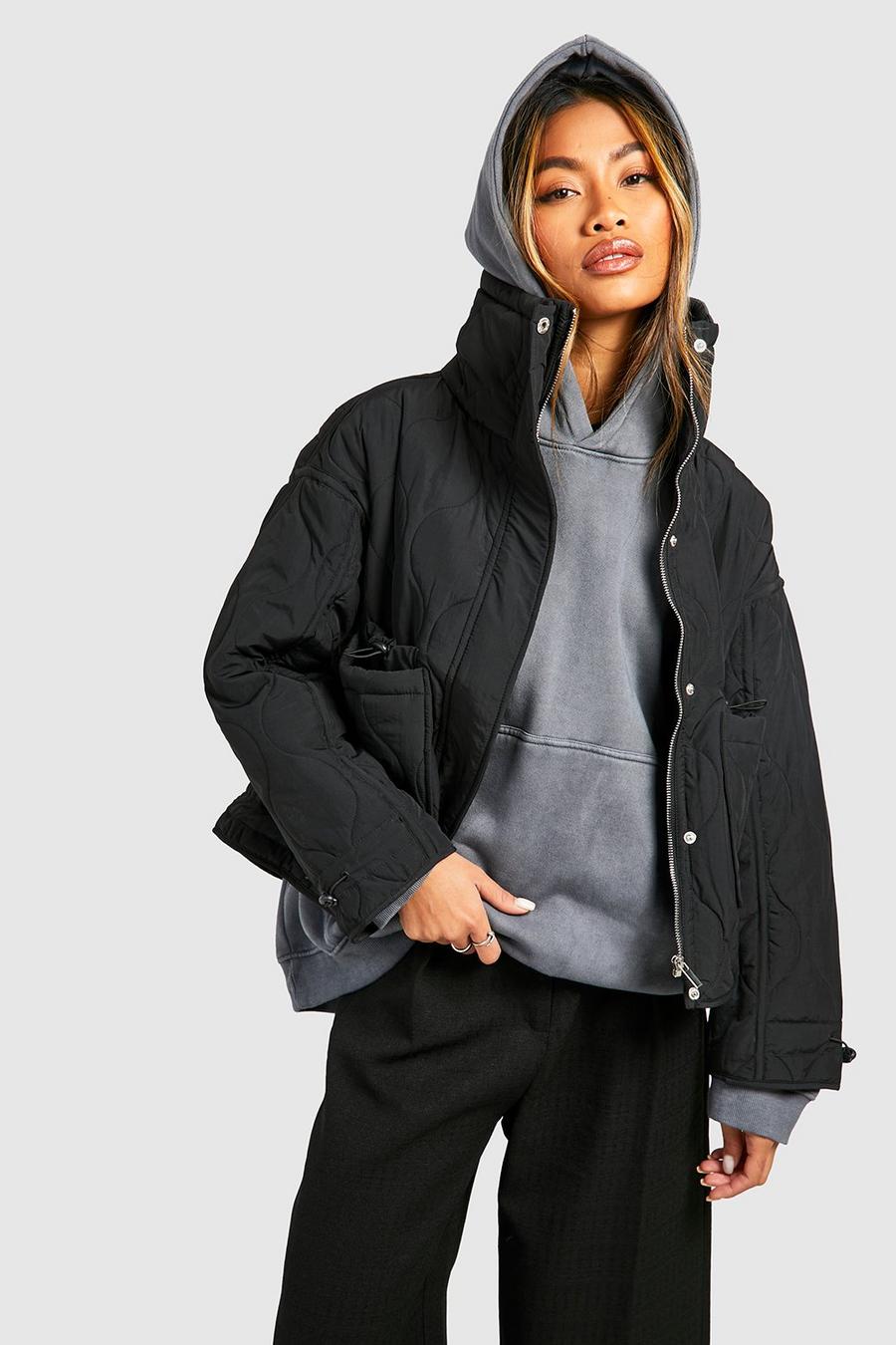 Black Quilted Toggle Detail Funnel Neck Puffer Jacket 