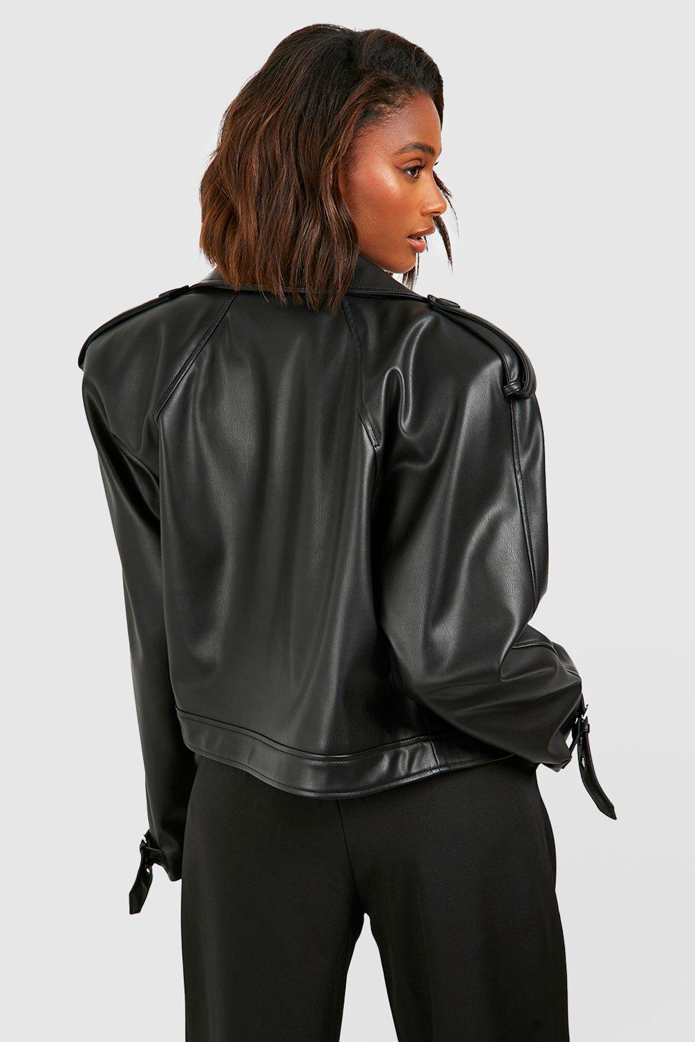 Padded shoulder leather jacket on sale