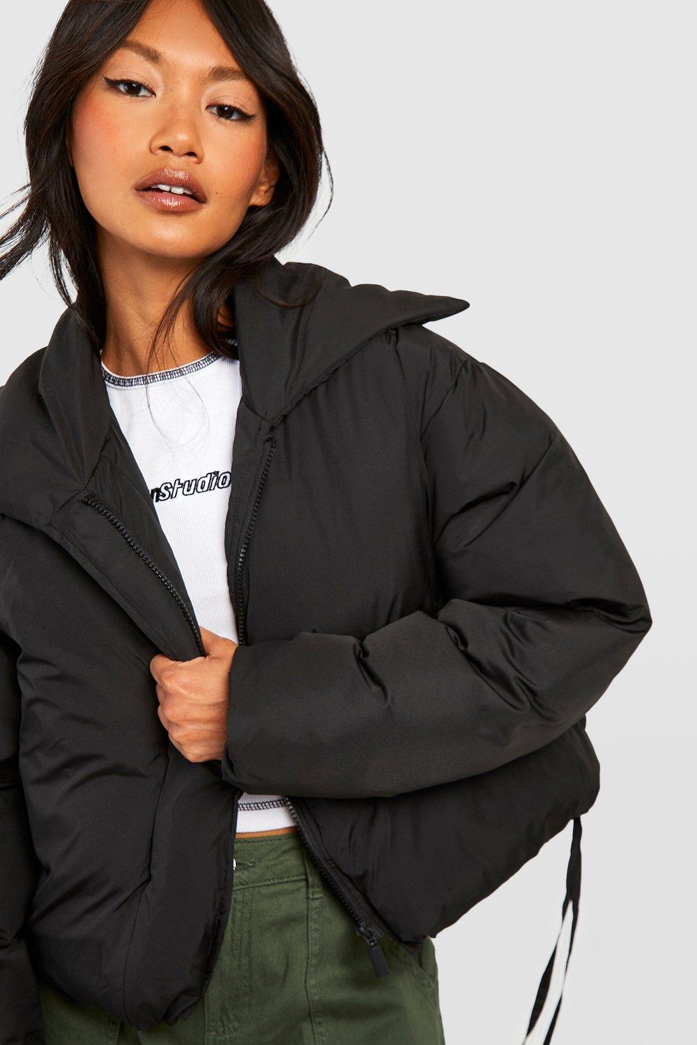 Boohoo crop hooded puffer jacket sales in black