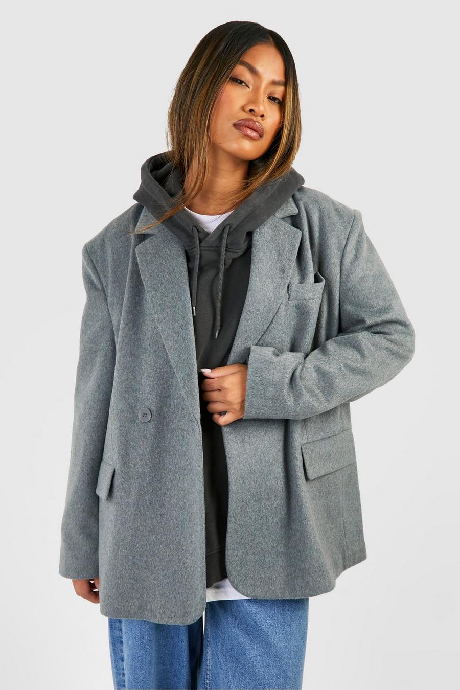 Grey Oversized Double Breasted Wool Blazer  
