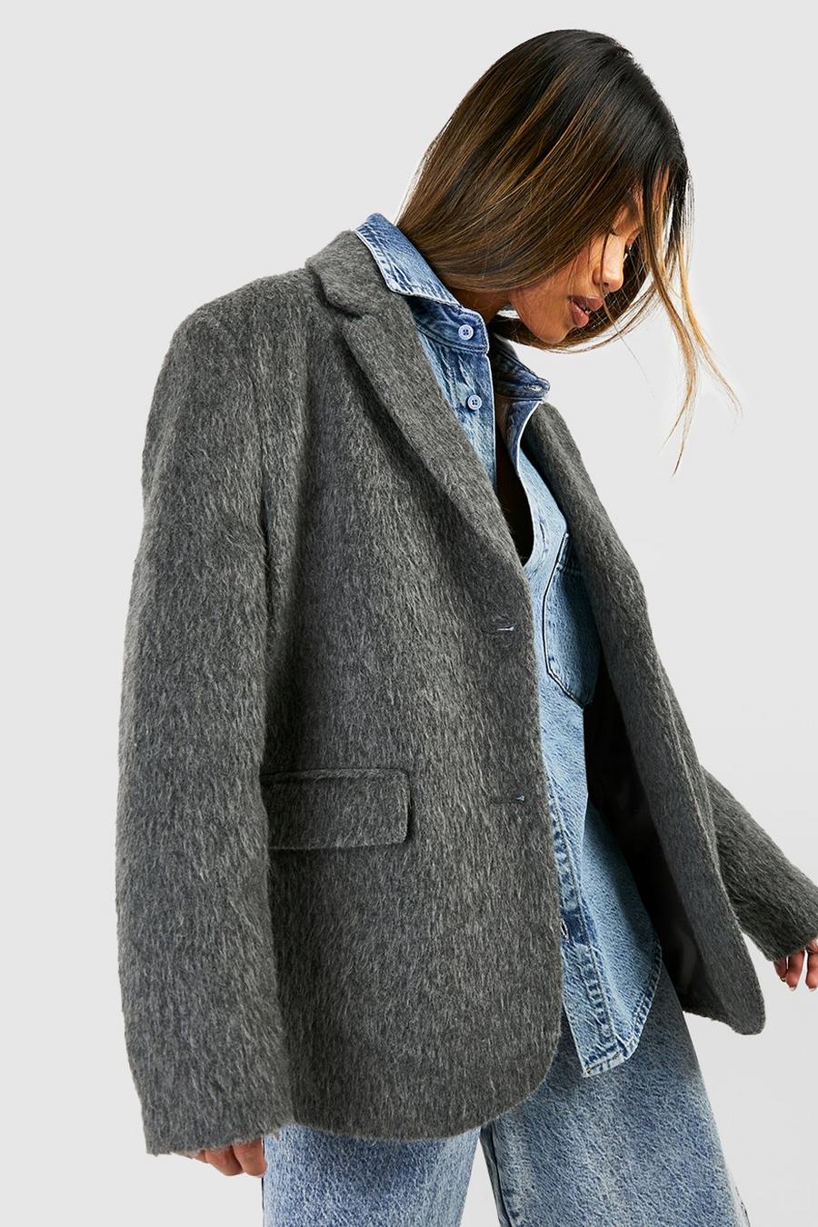 Charcoal gris Oversized Wollen Blazer Met Textuur