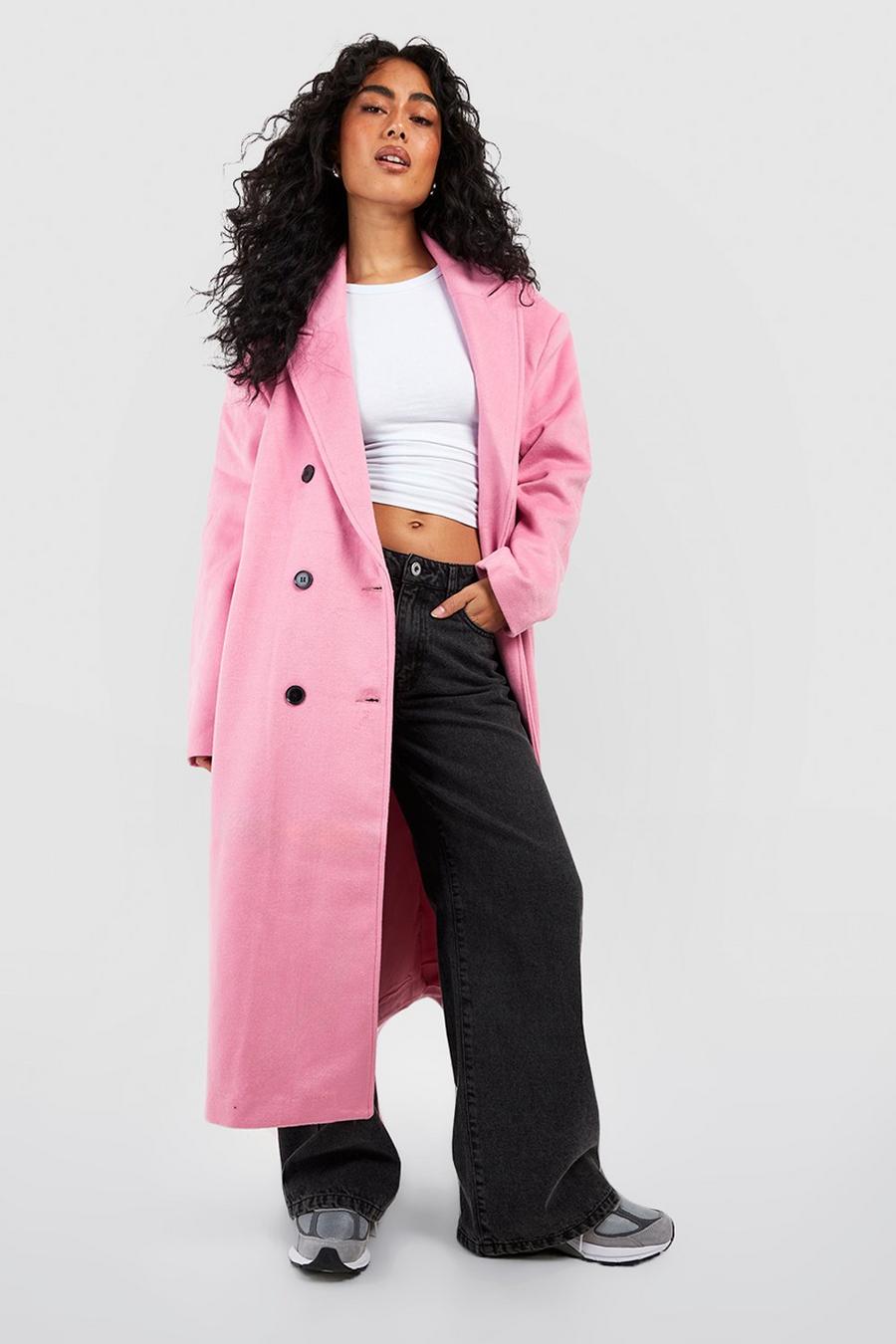 Pink Oversized Shoulder Pad Double Breast Maxi Wool Coat 