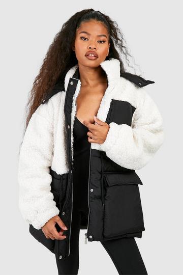 Black Teddy Puffer Jacket With Nylon Pocket