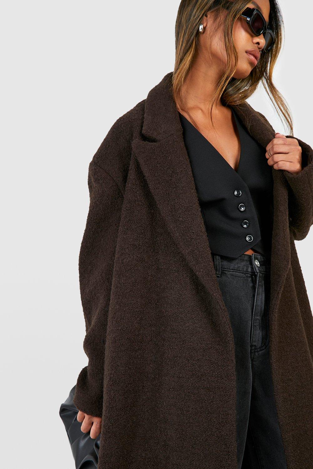 Boucle Belted Wool Coat boohoo DK