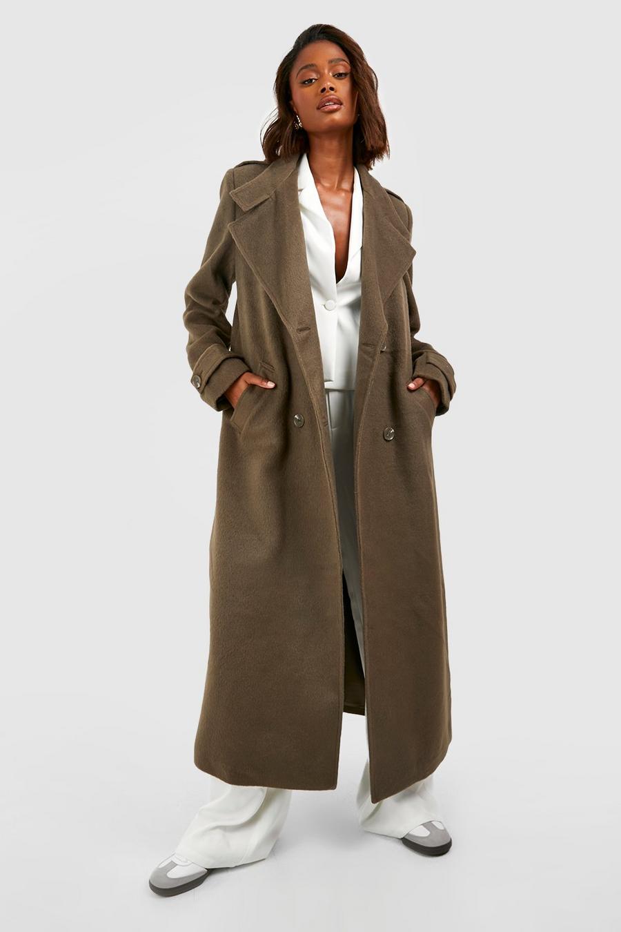 Abrigo maxi de lana con botonadura doble y cuello, Olive