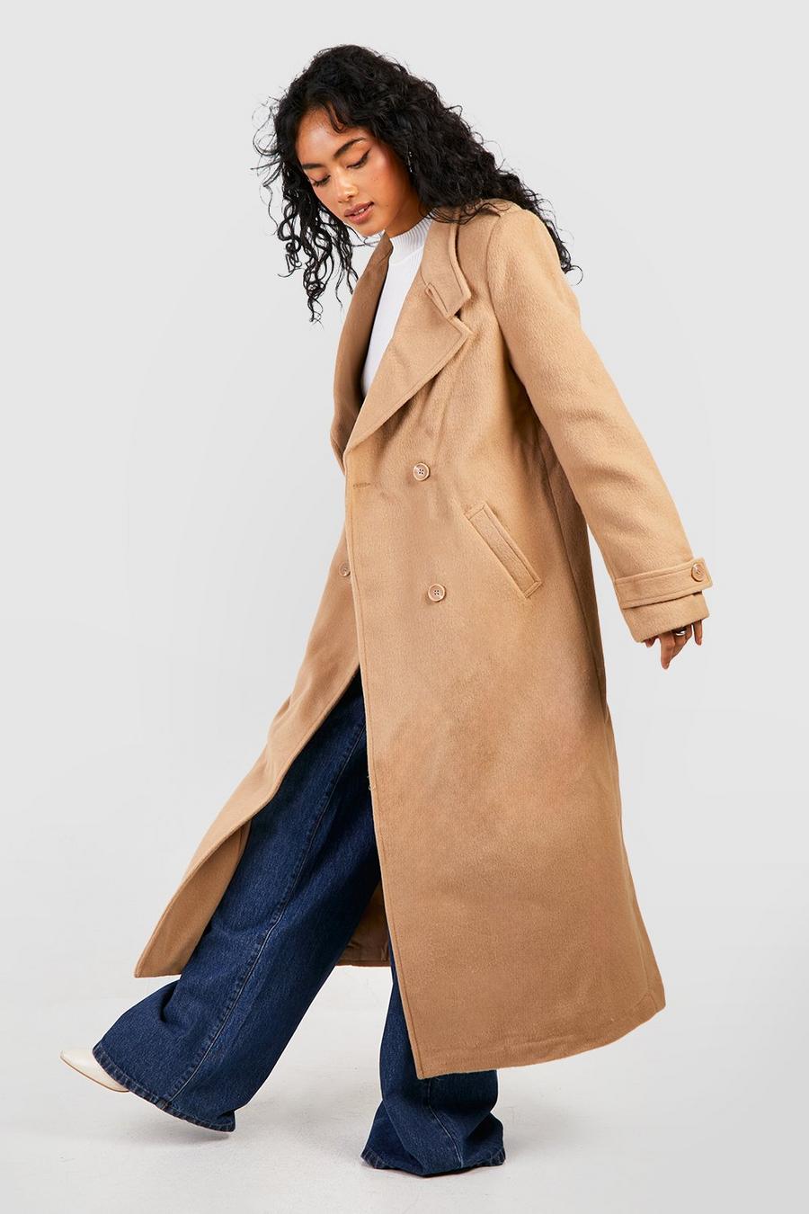 Camel Collar Detail Double Breasted Wool Maxi Coat 