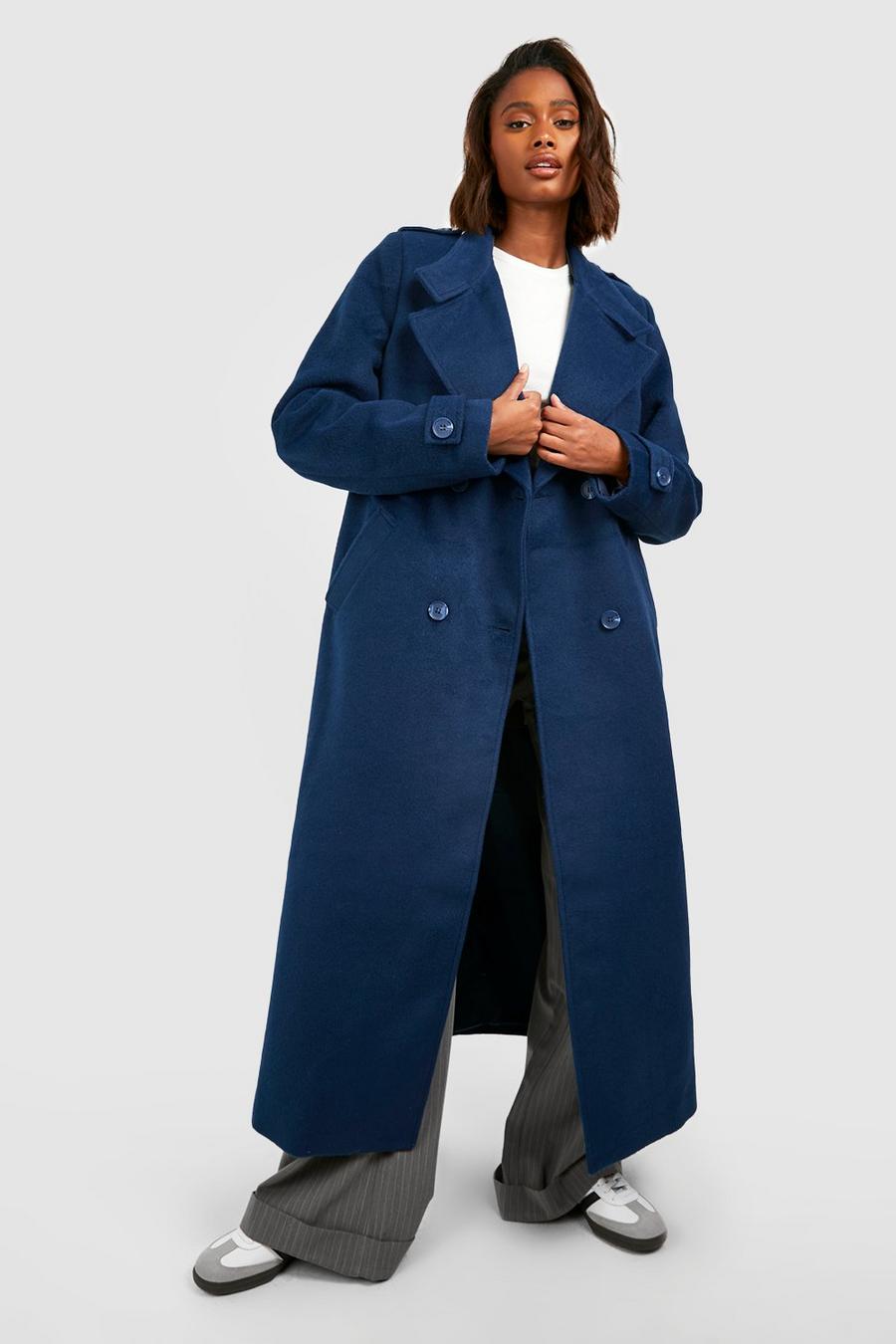 Navy Collar Detail Double Breasted Wool Maxi Coat  