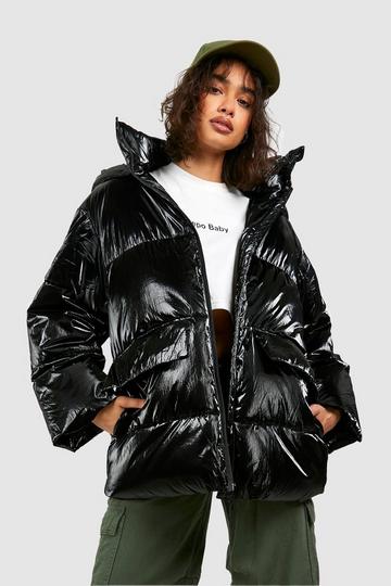 Metallic Oversized Hooded Puffer Jacket black