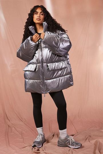 Silver Metallic Oversized Hooded Puffer Jacket