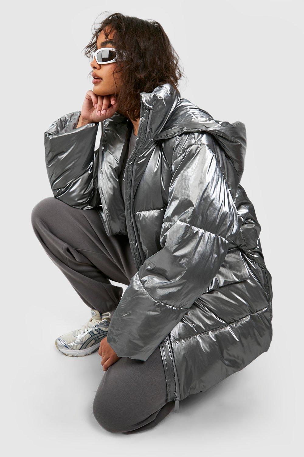 Metallic Oversized Hooded Puffer Jacket boohoo