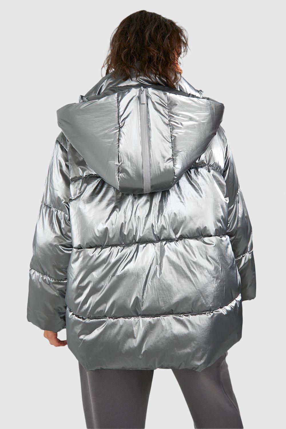 Metallic Oversized Hooded Puffer Jacket boohoo NO