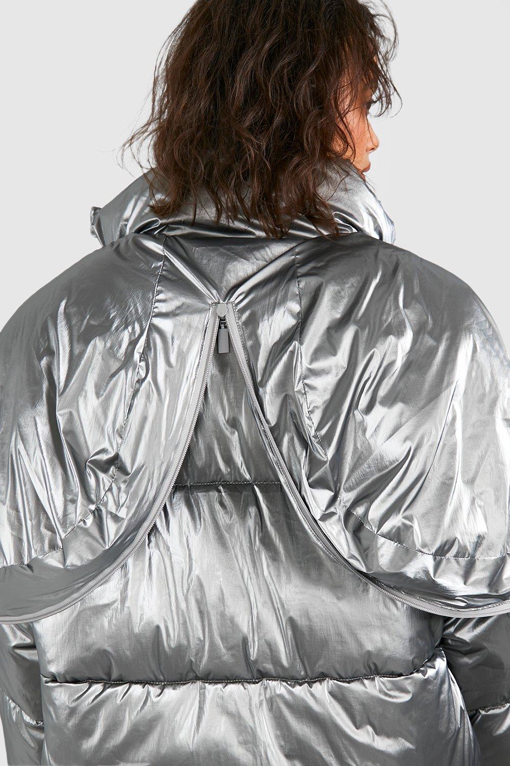 Metallic silver puffer store coat