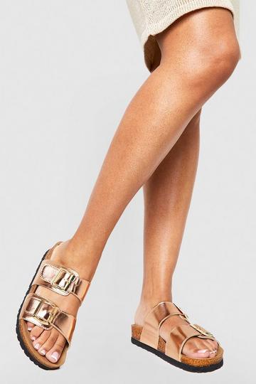 Wide Fit Metallic Buckle Strap Footbed Sliders rose gold