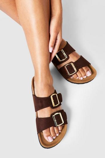 Wide Width Buckle Strap Footbed Slides chocolate