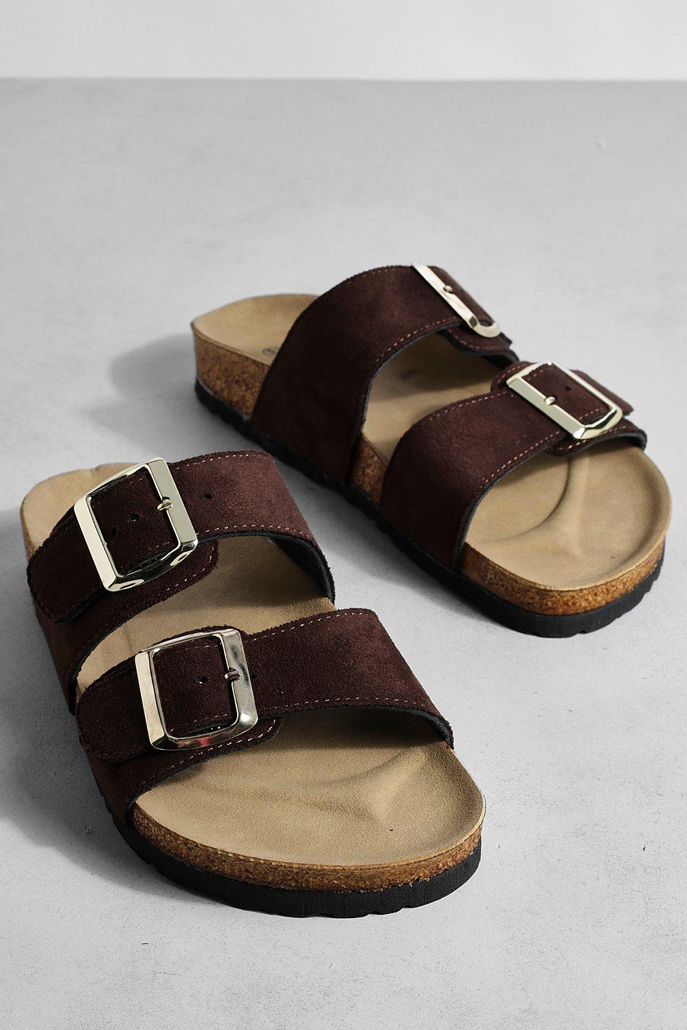 Boohoo Women s Wide Fit Buckle Strap Footbed Sliders Brown
