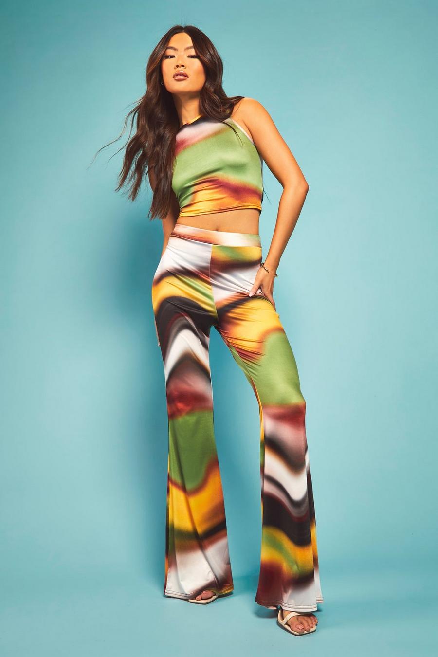 Pantaloni a zampa a vita alta con stampa astratta, Multi multicolor