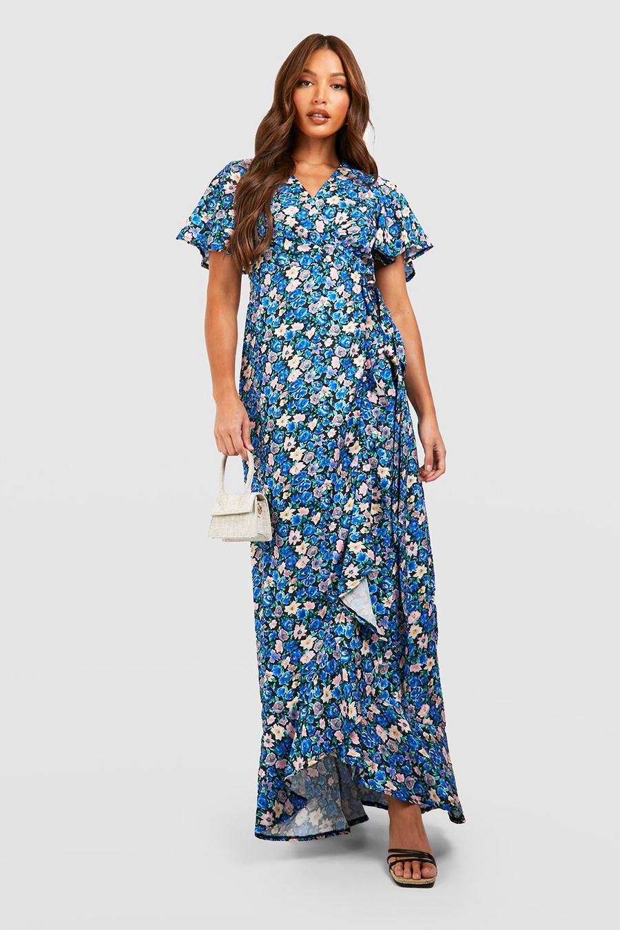 Blue Tall Floral Wrap Ruffle Maxi Dress