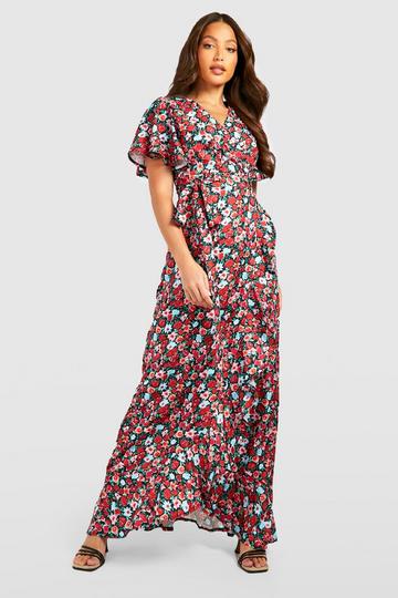 Red Tall Floral Wrap Ruffle Maxi Dress