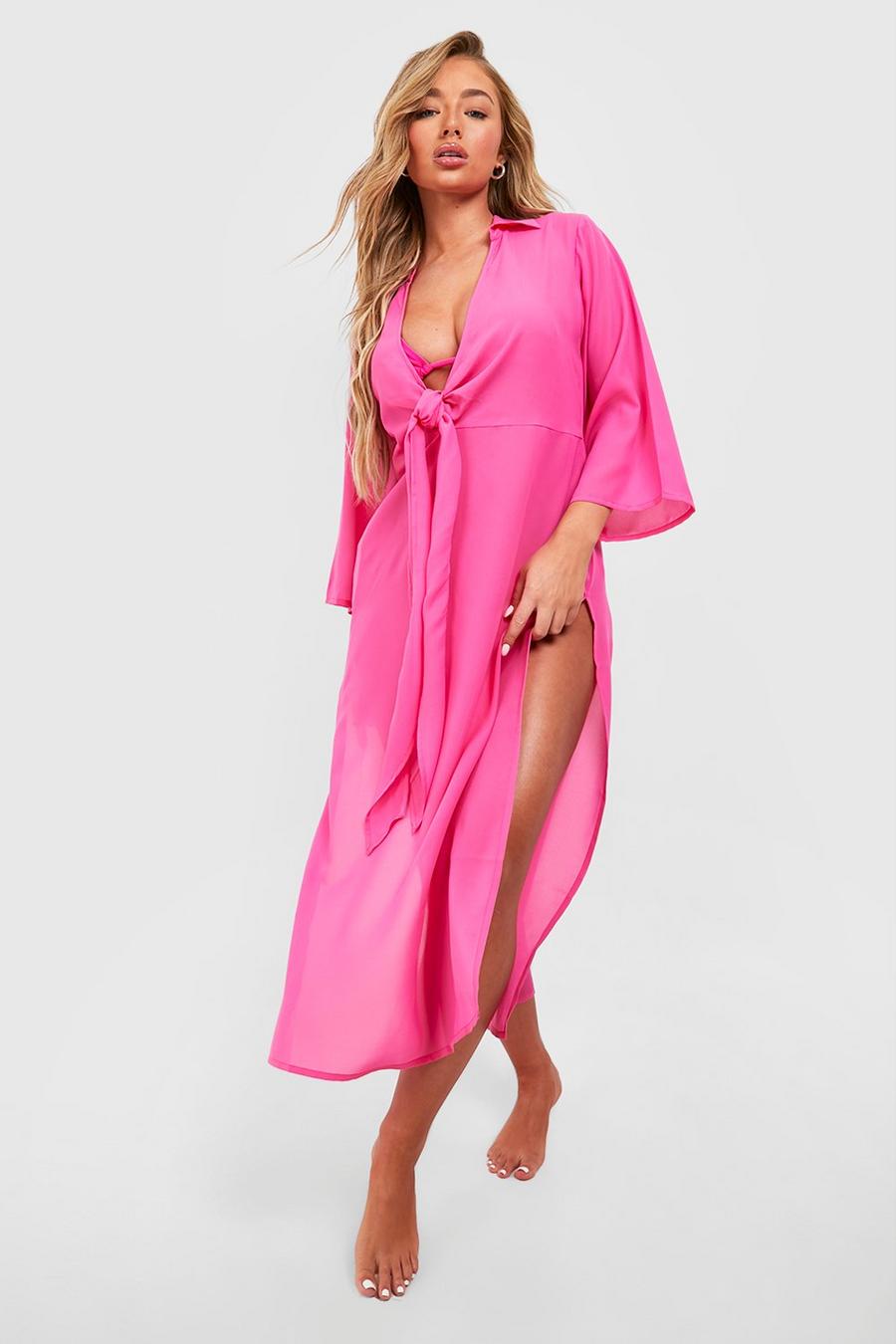 Kimono para la playa con abertura lateral y nudo frontal, Pink image number 1
